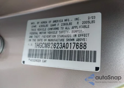 2003 Honda Accord 3.0 Ex из США, поврежденный, VIN 1HGCM82623A017688